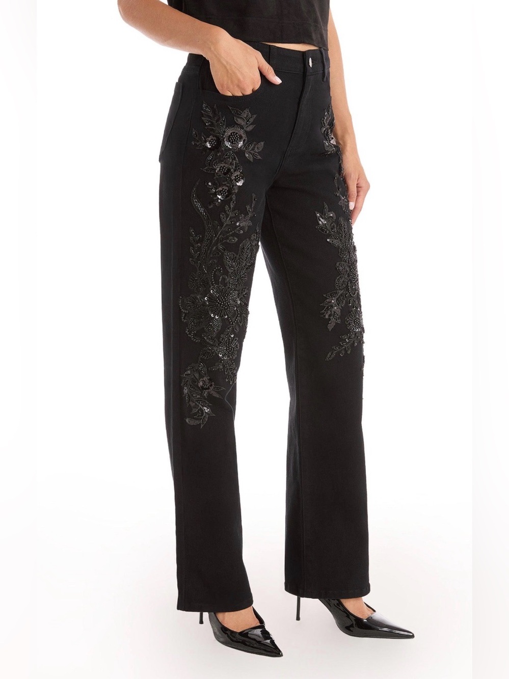Noli Black Wide-Leg Jeans with Tonal Embroidery